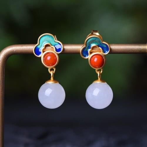 925 sterling silver earrings white jade round beads red agate inlaid silver earrings
