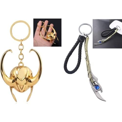Anime Cospaly Loki Helmet Keychain Leather Rope Series Products Key Chain Weapon Model Key Ring for Men Gift Halloween Party