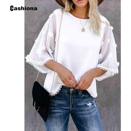 Half Sleeve Tassel Shirt Blusas Women Casual Shirt 2021 New Patchwork Dot Mesh Ladies Chiffon Blouses Plus size Femme Tops