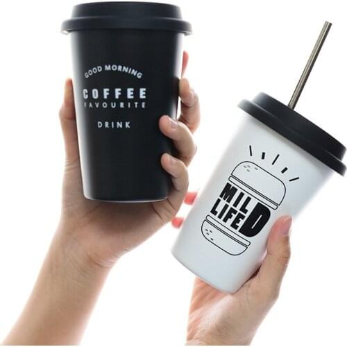 Black White Stainless Steel Silicone Mugs Hand Cup Thermol With Lid Mug Tea Milk coffee Cups Home Office School Creative Gift