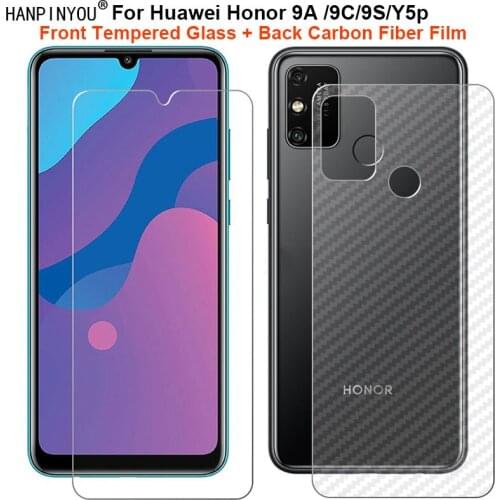 For Huawei Honor 9A 9C 9S Y5p 1 Set = Soft Back Carbon Fiber Film + Clear Premium Tempered Glass Front Screen Protector