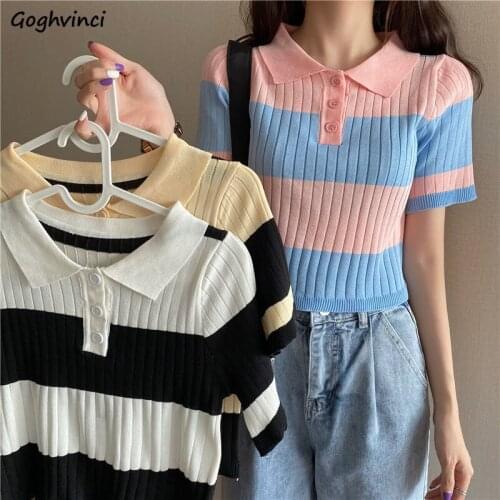 Women Short Sleeve T-shirts Striped Knitted High Elasticity Soft Cozy Slim Fit Simple Korean Fashion Daily Elegant Office Lady