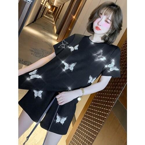 Classic round collar nail bead butterfly T-shirt + high elastic waist shorts suits summer