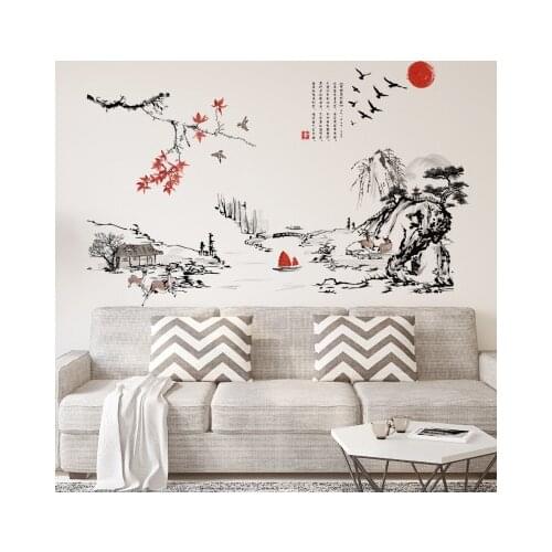 Red Sun Wall Sticker Landscape Painting Living Room TV Background Wall Pictures Wallpaper Study Room Wall Decals Bedroom Decor