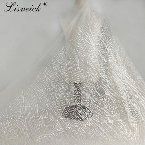 1 Yard Geometric Embroidery Lace Fabric by Yard with Sequins , Birdal Gown Couture Fabric in White tulle mesh lace fabric