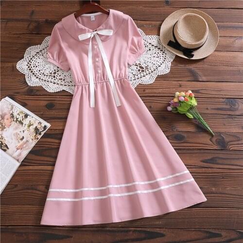 Summer new cute kawaii sweet dress japan style short sleeve mori girl solid casual vestidos