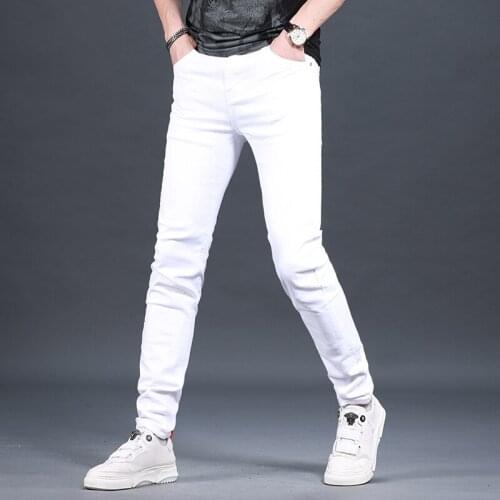 Summer Men Jeans Fashion White Slim Fit Pencil Pants Korean Style Pure Cotton Denim Trousers