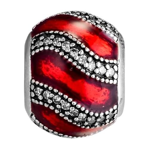 Fits Pandora Charms Bracelets 925 Sterling Silver Adornment Red Enamel & Clear CZ Beads for Jewelry Making Berloque