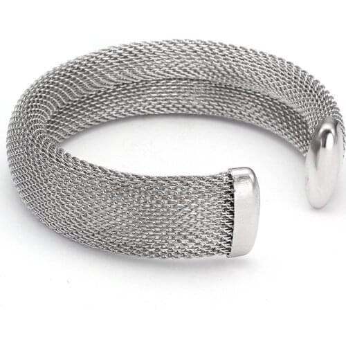 Simple Stainless Steel Open Men Women Black Charm Bracelets Vintage Mesh Surface Luxury Cuff Female Chain Link Bangles Pulsera
