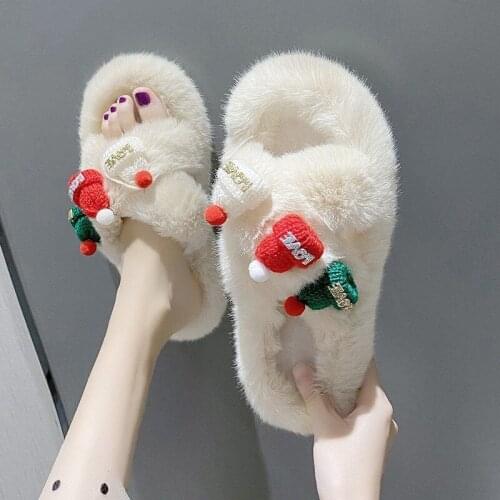 Xmas Cross Band Warm Faux Fur House Slippers Women Fashion Platform Home Slides Ladies Winter Cozy Furry Fuzzy Open Toe Shoes