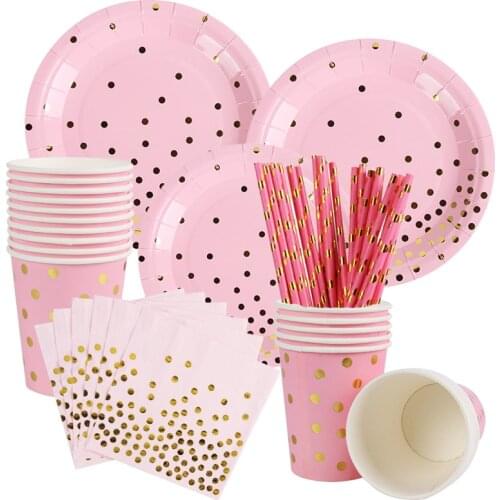 Pink Gold Dot Disposable Party Tableware Paper Cups Plates Napkin 1st Birthday Party Decor Kids Baby Shower Party Decor Supplies