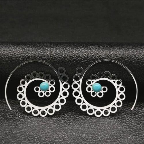 Stainless Steel Stone India Bohemia Hoop Earing Silver Color Round Flower Hoop Earrings Jewelry boucles d oreille femme E9202S04