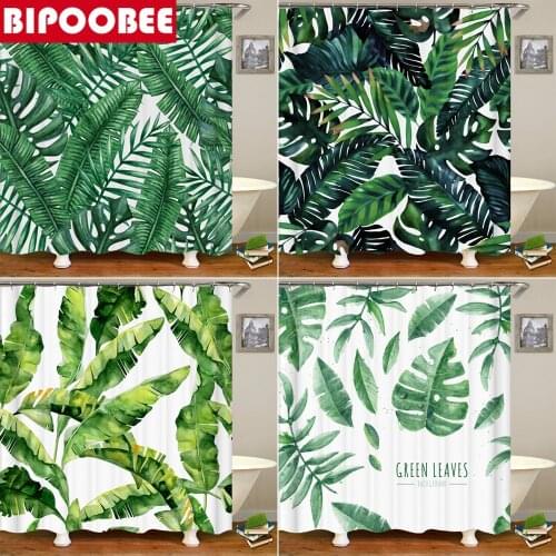 High Quality Green Plant Leaf Print Bathroom Curtains Waterproof Modern Shower Curtains Fabric Bathtub Screen with Hooks