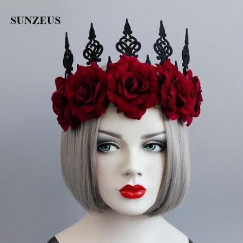 Dark Red Flowers Vintage Headband for Women Black Crown Wedding Accessories Girls Prom Party Crown Hair Accessories SH37