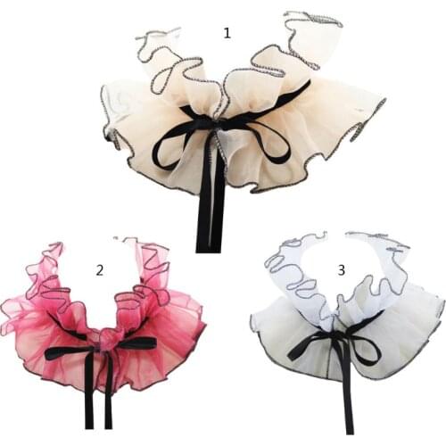 Victorian Vintage Organza Agaric Ruffles Stand Fake Collar Steampunk Stage Cosplay Costume Neck Ruff with Ribbon Bowknot