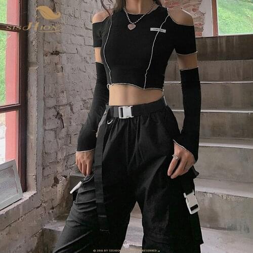 E-girl Style Patchwork Black T-shirts Gothic One Shoulder Sleeve Y2k Crop Tops Ruffles Hem Hip Hop Techwear Women Tees VD2165