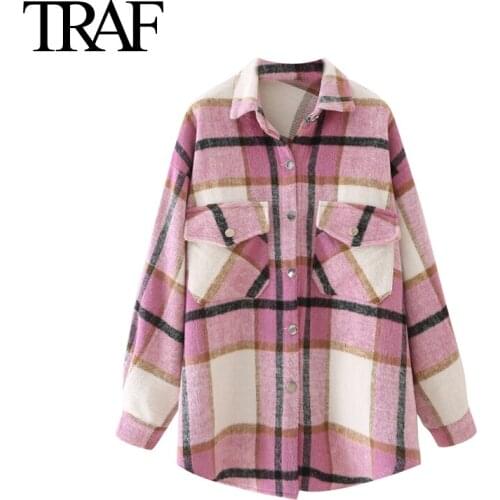 Traf Za Women Clothing Fashion Autumn Winter Tweed Jackets Vintage Flap Pocket Button Up Loose Plaid Shirt Coat Mujer