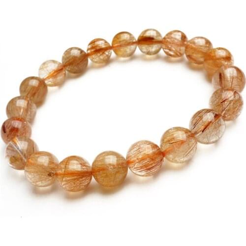 10mm Genuine Brazil Natural Copper Hair Rutilated Quartz Crystal Bead Bracelet Women Femme Charm Stretch Round Bead Bracelet