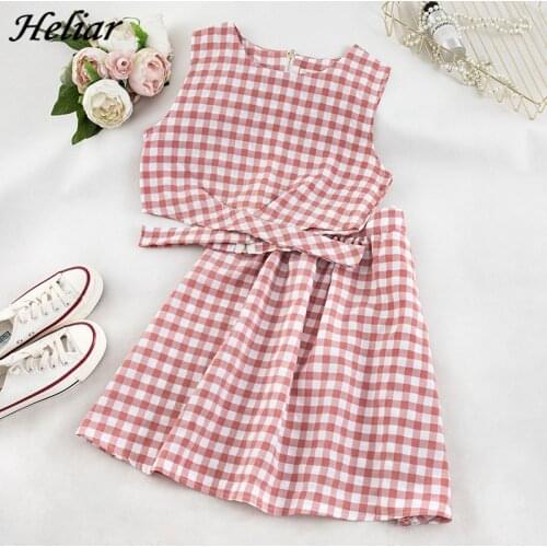 Heliar Sets Women Two Pieces Outfits Female Zipper Fly Cross Waist Belt Plaid Tops and A-Line Skirts Sets Women Sets 2020 Summer