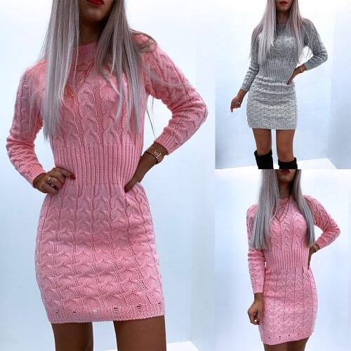 Elegant Women Knitted Mini Dress 2021 Autumn Winter O-Neck Long Sleeve High Waist Solid Color Slim Pullovers Pencil Dress Female