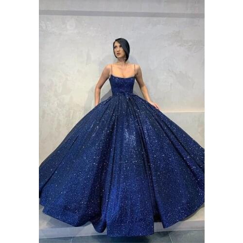 2021 Royal Blue Ball Gown Glittery Evening Dress with Pockets Sleeveless Spaghetti Straps Long Formal Party Gowns Robe De Soiree