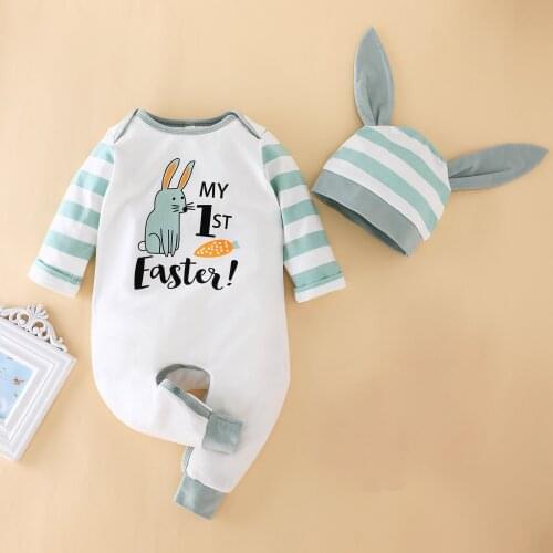 2021 My First Easter Baby Romper Patchwork Striped Infant Jumpsuit Easter Bunny Ear Hat Cute Easter Clothes For Newborns Baby