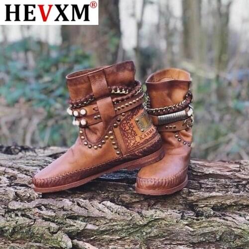 Fashion Women Ankle Boots Low Heels Boots Vintage PU Leather Gladiator Booties Rivets Buckle Deco Woman Casual Boots Botas Mujer