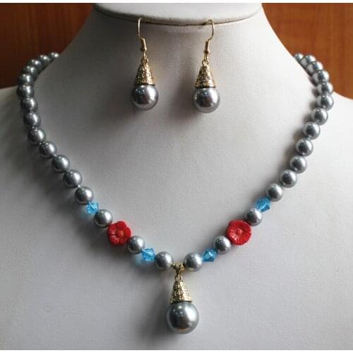 Designed 8mm black shell pearl dotted with red jades flower necklace match 14mm pearl earring jewelry set