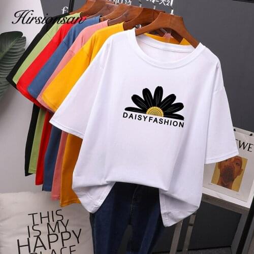 Hirsionsan Daisy Printed T Shirt Women 2020 New Hot Korean Fashion O Neck Tshirts 100% Cotton Tees Vintage Graphic Girls Tops