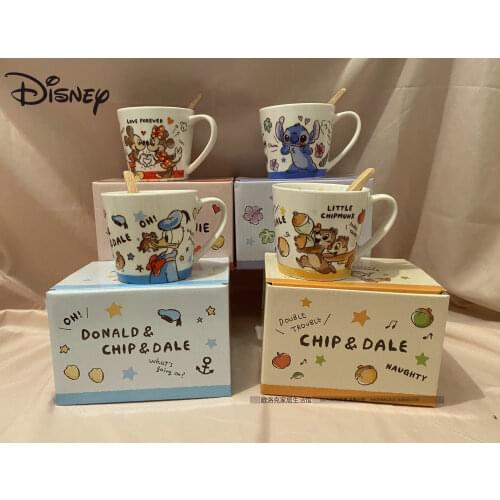 Disney Cartoon Stitch Squirrel Mickey Minnie Ceramic Mug with Spoon Gift Collection Cup