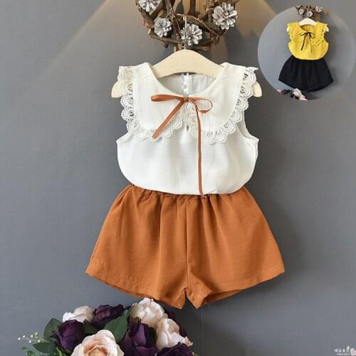 Children Girl Summer Clothing Set Lace collar T-shirts+shorts girls kids Casual 2pcs Suits