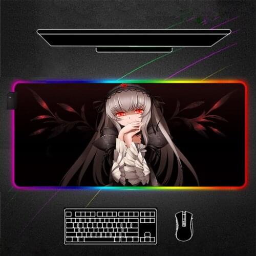 Anime girl red eyes RGB Mouse Pad Black gaming Accessories LED MousePad large with Backlit alfombrilla xxl gamer decoracion