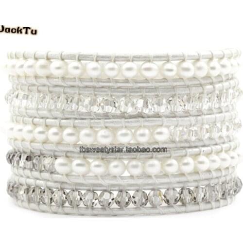 Crystal mix natural fresh water pearl leather wrap bracelet
