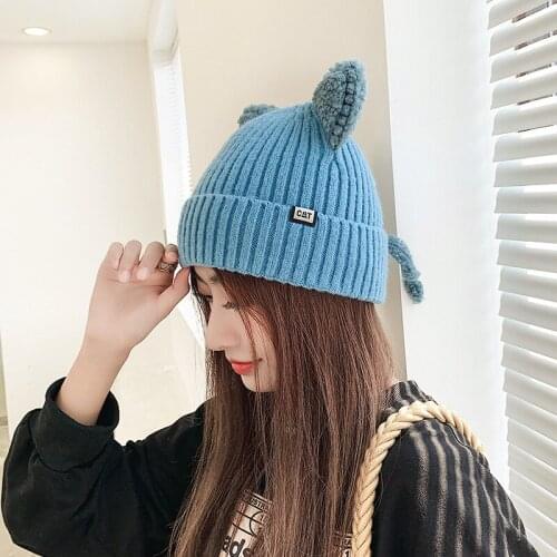 Cute Hat With Ears Warm Female Cap Knitted Winter Cat Skullies Hat Winter Woman Outdoor Beanies Hat Panama Lady Cap 2021