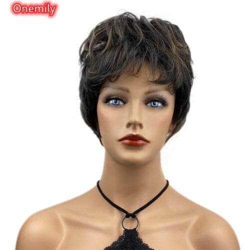 Onemily Short Straight Layered Shaggy Heat Resistant Synthetic Wig for Women Darkest Brown Natural Hair