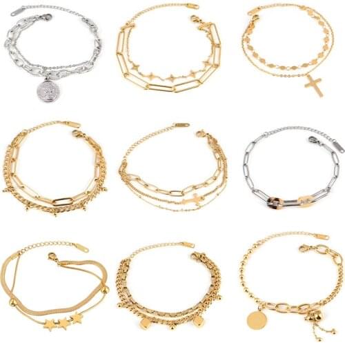 Punk Charm Bracelet Stainless Steel Bracelet For Women Multilayer Bracelet Lock Bracelet Pendant Thick Chain Bracelet Jewelry