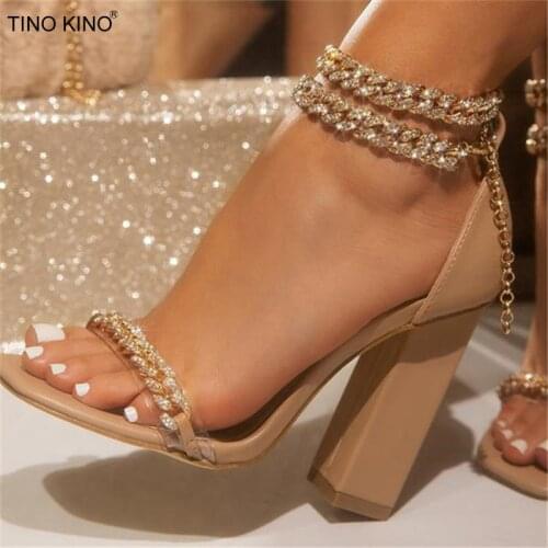Women Fashion Sandals Crystal Chain High Heels Female Shoes Woman Square Heel Open Toe Buckle Strap Ladies Sandals 2021 New