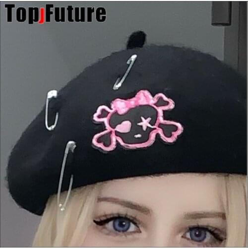 Harajuku Gothic Skull Black Hats Cute Design Women Girls Women Caps Streetwear punk Decorative beret Lolita cosplay hat hat
