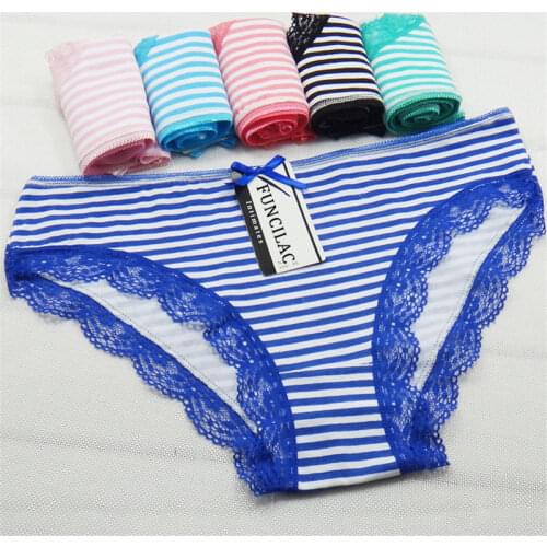 FUNCILAC 5 Pcs/set Womens Underwear Cotton Sexy Lace Panties Striped Briefs Everyday Lingerie Girls Ladies Knickers Size M L XL