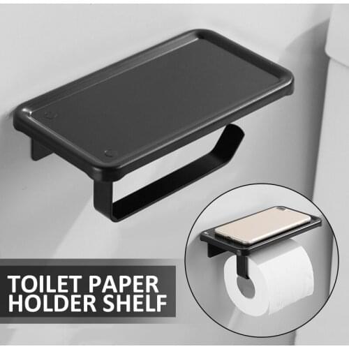 Toilet Paper Holder with Mobile Phone Storage Shelf Wall Mounted Rack Space Aluminum Bathroom Black Toilet Paper Roll Holder
