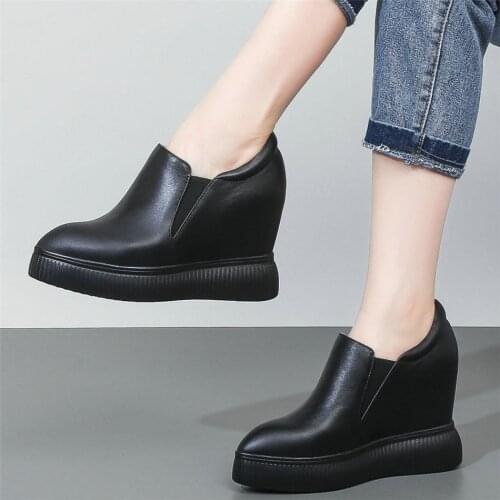 10cm High Heel Fashion Sneakers Women Slip On Genuine Leather Wedges Ankle Boots Female Pointed Toe Platform Pumps Casual Shoes