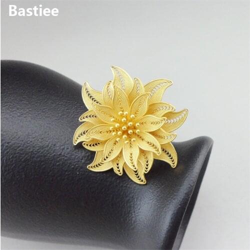Bastiee Flower 999 Sterling Silver Hair Fork For Women Golden Plated Luxury Hair Stick Miao Hmong Jewelry