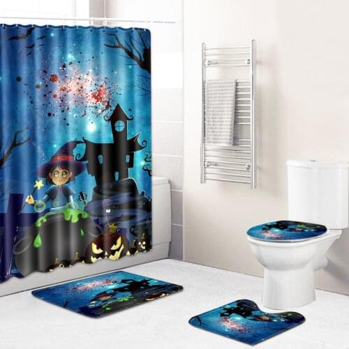 WUJIE Halloween Waterproof Shower Curtain Set Pedestal Rug Lid Toilet Cover Anti-slip Bath Mat Bathroom Curtain 4pcs Home Decor