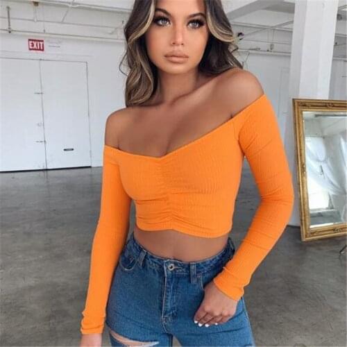 Women Long Sleeve T shirt Low Cut V neck Top Off the Shoulder Tops Ribbed T-shirt 2020 Autumn T-shirts Femme Streetwear Clubwear