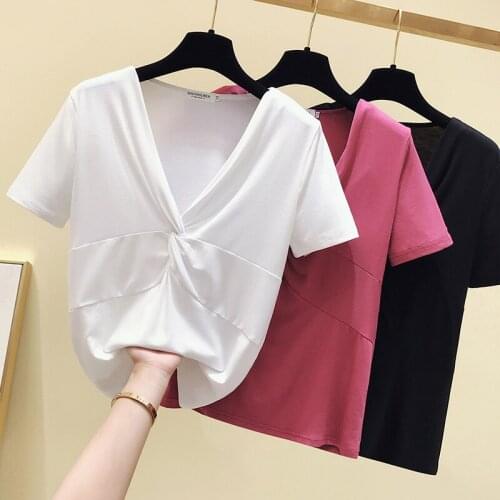 Gkfnmt Summer Tops Slim V-Neck White T Shirt Women Clothes Tee Shirt Femme T-Shirt Women Tshirt Cotton Feminina Camiseta Mujer