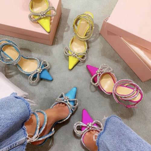 Summer new style fashion womens shoes satin Rhinestone crystal strass strappy ankle wrap pointy toe stiletto stripper High heel