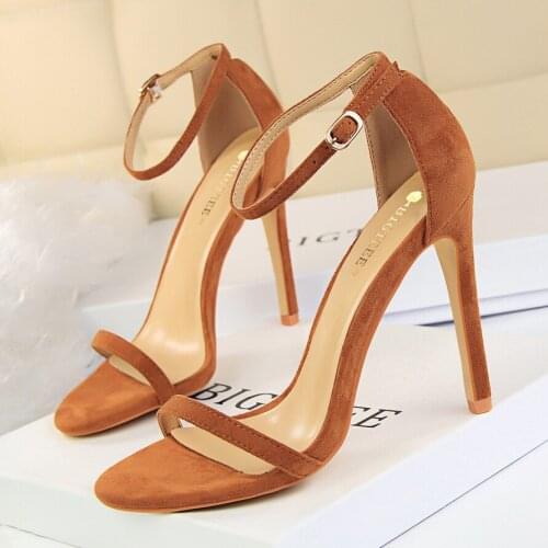 2021 Women 10cm High Heels Flock Stripper Sandals Female Fetish Strappy Red Shoes Lady Valentine Green Summer Classic Sexy Pumps