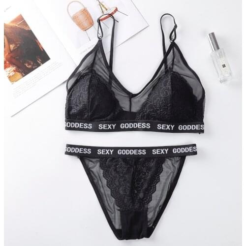 Bra Set Women Push Up Bra See through Thong Panties Black Underwear Set Womens Soft Wireless Bralette Transparent Lingerie Sexy