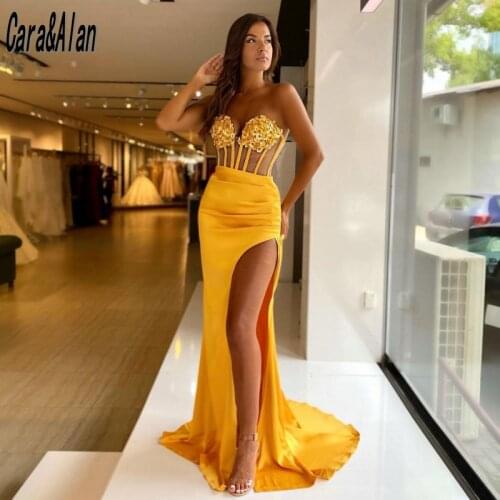 Mermaid Yellow Prom Dress Satin Split Graduation Evening Gowns Sweetheart Applique robe de soirée de mariage Celebrity Dresses