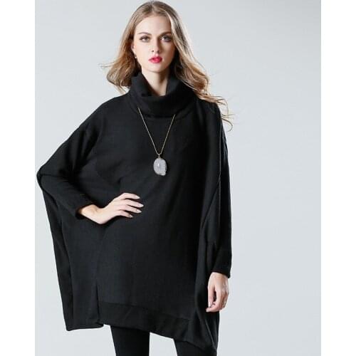 2017Autumn Women loose fit batwing sleeves long sweater turtleneck pullover asymmetrical casual knitted blouse tops plus size325
